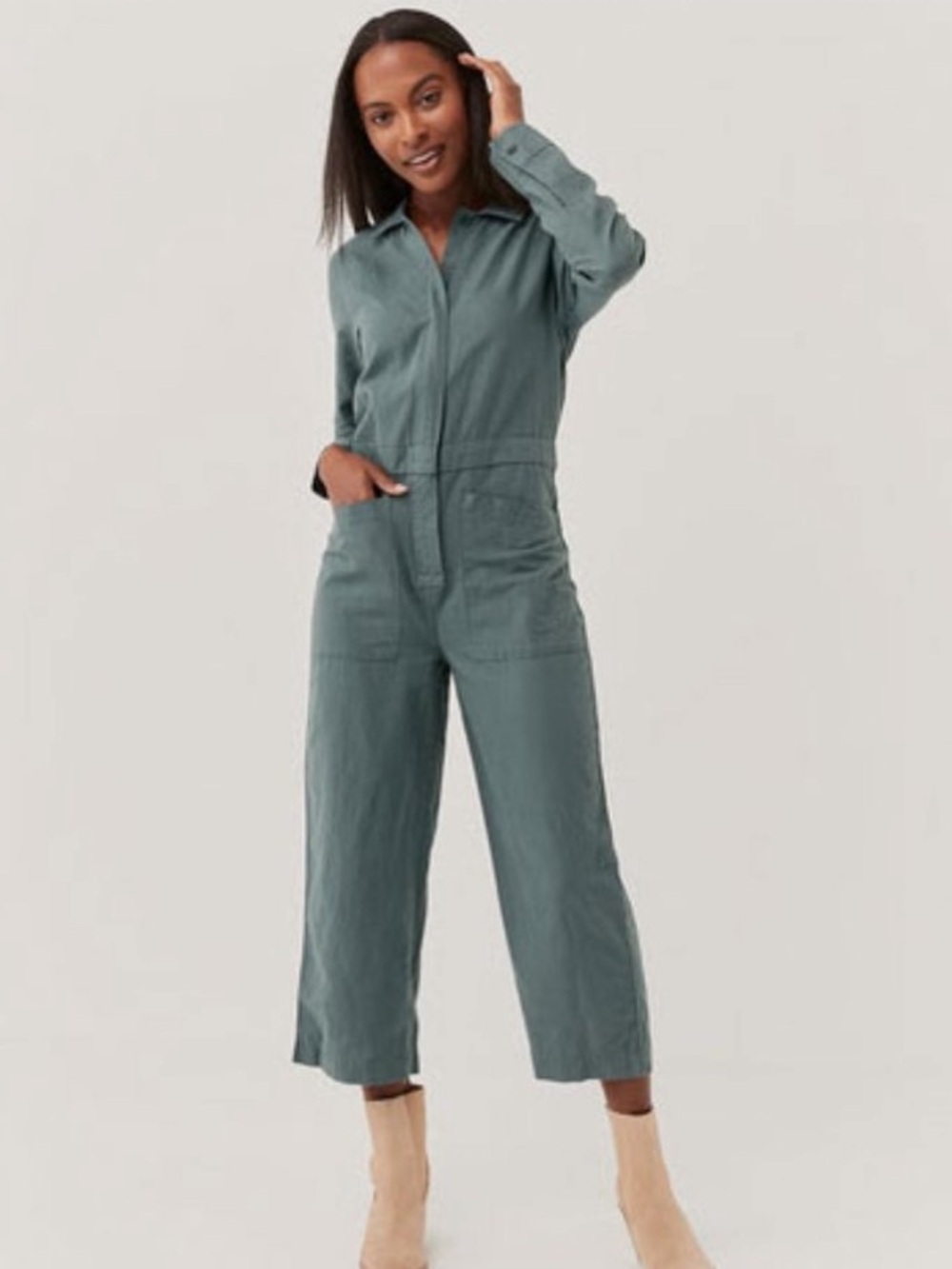 Pact The Harbour Front Zip Utility Organic Cotton Hemp Jumpsuit Blue Gray Sz M